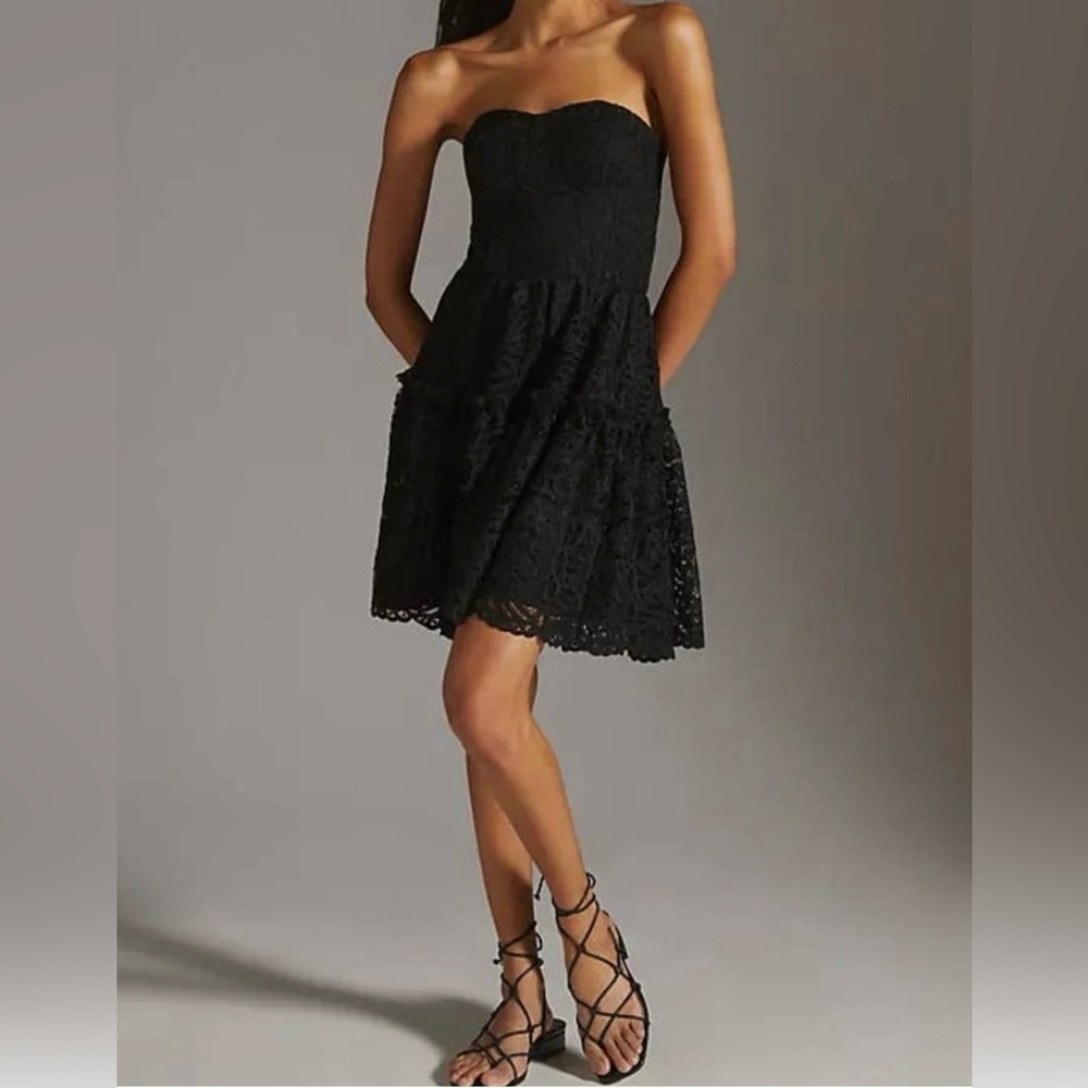 NWT Eva Franco Black Strapless Floral Lace Mini Dress,Ruffle Detail,Holiday, 12